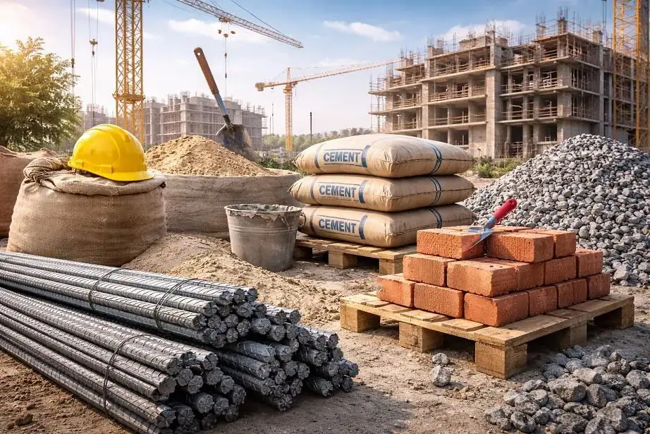 Cement, sand, gravel, bricks and steel bars on a construction site