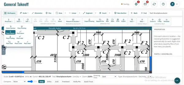 General Takeoff screen with the structural tools menu open